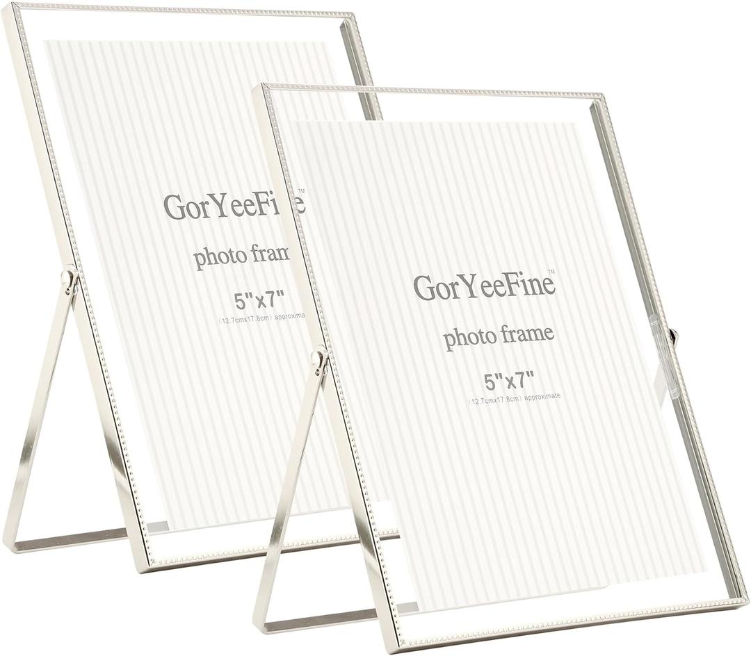 6x8''Silver Floating Photo Frame Set of 2, For Photo Sizes (4x6'' 5x7''), Metal beaded Edge 5x7 floating Picture Frames silver for Tabletop/Shelf, Classy Gift Choice for Wedding