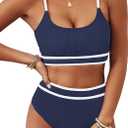 BMJL Women's High Waisted Bikini Ribbed Two Piece Swimsuit High Cut Color Block Adjustable Straps Bathing Suit, M, Navy