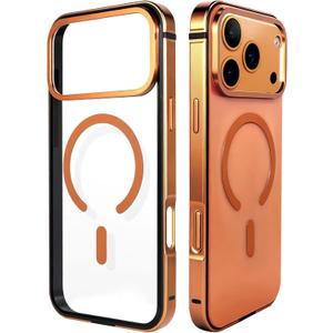 Metal Magnetic Case for iPhone 17 Pro[Compatible with MagSafe] Slim Aluminum Bumper with Anti-Scratch Lining, Original Metal Texture Military-Grade (Transparent Orange, for iphone17Pro)