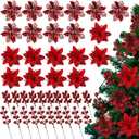 60 Pcs Silver 6 Styles Christmas Artificial Poinsettia Flowers with Glitter Berries Stems Tree Picks for Christmas Tree Ornaments DIY Xmas Wreath Crafts Holiday (Red)