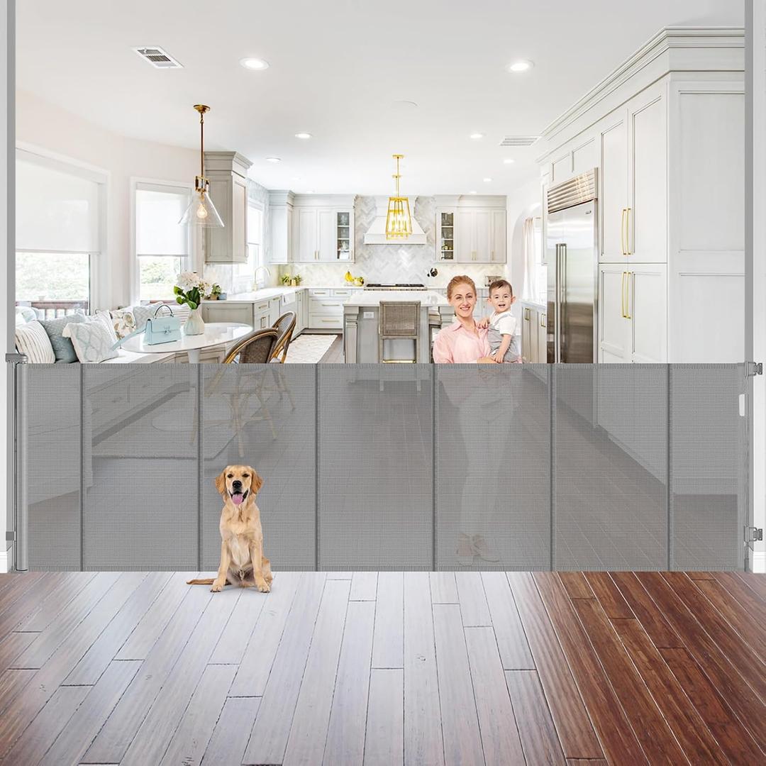 Reinforced 42" Extra Tall x 96" Wide Retractable Pet Gate with Support Rods-Prevent Crawling Under, Mesh Baby Gate Long Dog Gate Indoor/Outdoor Retractable Gate Tall Dog Gates for Doorways, Gray