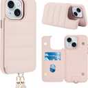 Crossbody Wallet Case for iPhone 13/iPhone 14 with Strap,RFID Blocking Leather Flip Case for Women with Card Holder,Magnetic Purse Shockproof Cover with Kickstand,Lanyard,Pale Pink