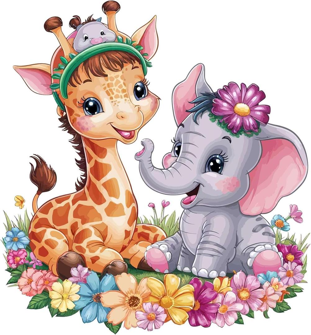 Children Vibrant Cartoon Wall Decal Decoration Cute Baby Giraffeand Elephant Happy Friends Garden Flowers Holiday Gift Lasts Years and Easily Removable - Size: 20 in(W) x 20 in(H)