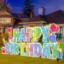 25 Pcs Extra Large 19.7 Inch Happy Birthday Yard Signs with Solar LED Light Glitter Pastel Rainbow Birthday Lawn Signs with Metal Stakes Waterproof Outdoor Decorations for Garden Party