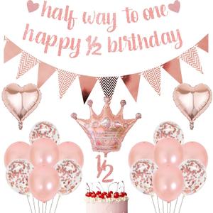Half Way To One Banners - 21 Pcs Rose Gold 6 Months Birthday Decorations Girls Happy 1/2 Birthday Banner Cake Topper Heart Foil Balloons Latex Balloon for Baby Shower Girls Party Supplies