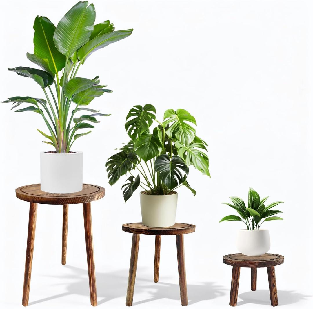 3-Pack Wood Plant Stands Indoor, Mid-Century Modern Plant Stool for 6-12 Inch Pots, Tall Single Corner Wooden Planter Table for Multiple Plants, Living Room, Balcony, and Office