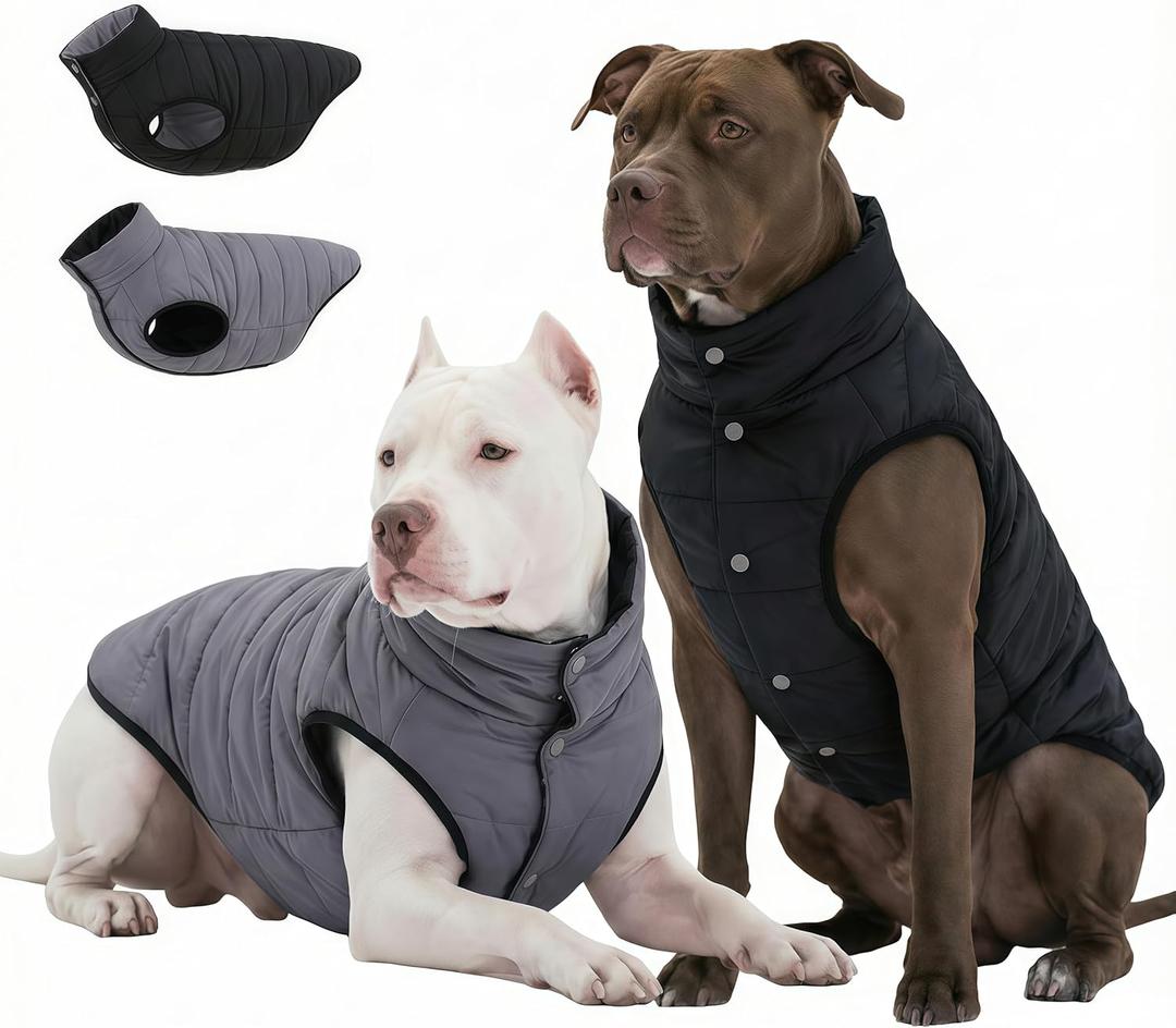 LovinPet Large Dog Puffer Coat, Reversible DownInsulated Winter Jacket, WaterResistant & WindResistant, AntiStatic, Dual-Sided Black & Grey for Cold Weather, L