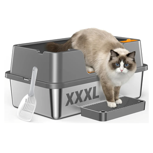 OROLEY Stainless Steel Litter Box with High Sides Lid, Extra Large XXXL Litter Box for Big Cats, Metal Kitty Litter Boxes with Anti-Leakage Enclosure,Non-Stick
