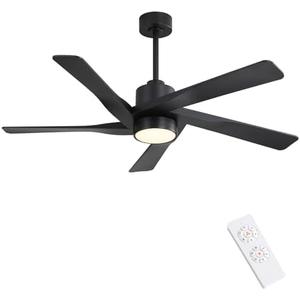 WINGBO 64" ABS DC Ceiling Fan with Lights, 5 Blade ABS Plastic Ceiling Fan with Remote, 6-Speed Reversible DC Motor, LED Ceiling Fans for Kitchen Bedroom Living Room, Matte Black