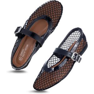 Womens Mesh Ballet Flats  Fishnet Mary Jane Flats with Adjustable Buckle Strap, Breathable & Stylish Ballerina Shoes (8.5, Black)
