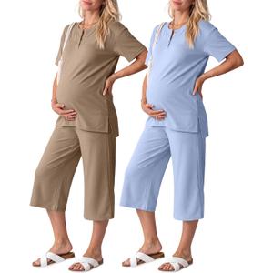 2 Pack Maternity Outfits Pregnancy Postpartum Pajama Lounge Set Oversized T-shirt Capri Pants Soft Summer Sleepwear (Blue, XL)