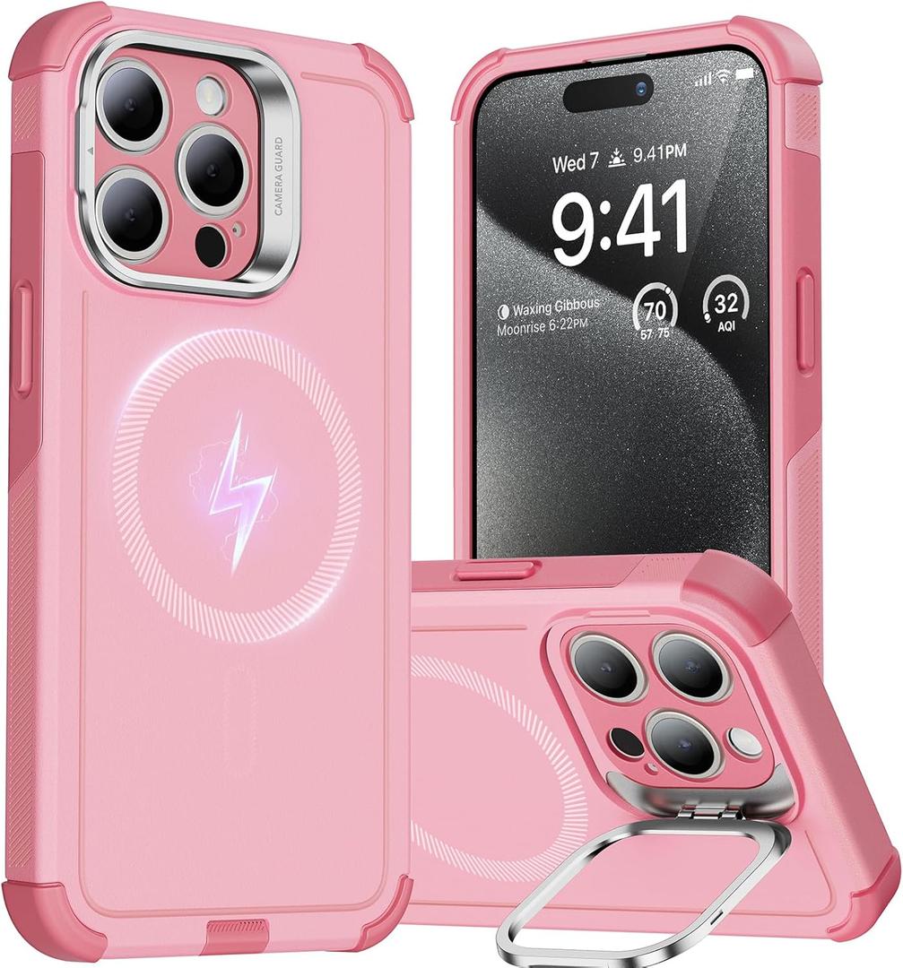 ESR for iPhone 15 Pro Case with Stand, 23 ft Military-Grade Drop Protection, Heavy Duty Magnetic Phone Case, Compatible with MagSafe Accessories, Cyber Series, Pink