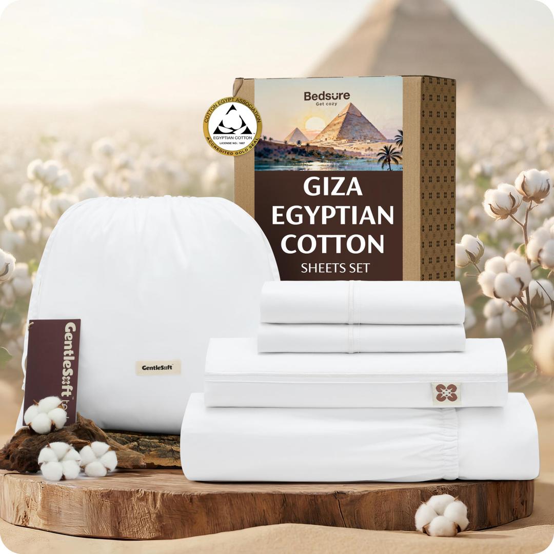 Bedsure 100% Giza Egyptian Cotton Sheets Queen Size - Luxury Hotel Sheets Deep Pocket with 4 Corner Straps, PureWoven Soft & Beathable Sateen Weave Bedsheets(Ivory,Queen)