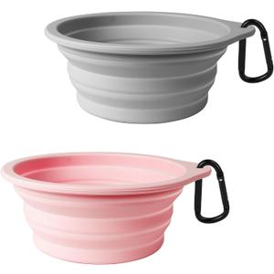 PetBonus 2-Pack Large Silicone Collapsible Dog Bowls, 34oz/1000ml BPA Free Portable Foldable Travel Bowl for Pet Cat, Food Water Feeding Dish for Camping with 2 Carabiners (Grey, Chalk Pink)