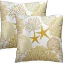 Summer Ocean Themed Nautical Coastal Throw Pillow Covers 18X18 Inches Set of 2 Yellow Seashell Starfish Coral Pillowcase Soft Cotton Square Cushion Covers for Home Sofa Patio Bedroom Decoration