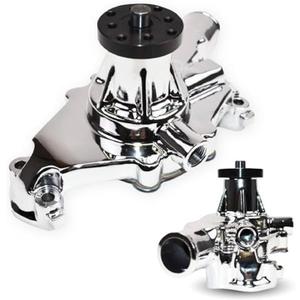 A-Team Performance 6-Blade Aluminum 305 Motor Water Pump - Short 5-5/8 in Height & 5/8 in Pilot Shaft - Chrome Finish High-Volume Impeller - Compatible with Small Block Chevrolet 265-400 Ci engines