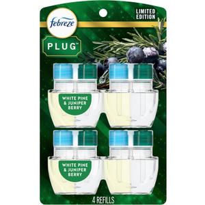 Febreze Plug In Air Freshener, Odor-Fighting Scented Oil Refill, For Home, Bathroom, & Kitchen, Long Lasting, Limited Edition Holiday Winter Pine and Juniper Berry Scent, 0.87oz Refills, 4 Count