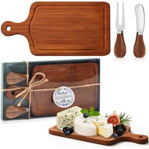 Ziliny 1 Set Bridal Baby Shower Cheese Prizes Wooden Square Board Gift Set Knives Forks Thank You Tags with Box for Guests for Valentines Bridal Baby Shower Housewarming (Walnut Wood)
