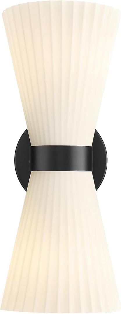 Gold Sconce Wall Lighting, HWH Single Wall Vanity Light Fixture Brushed Gold Wall Sconce Lamp, Modern Indoor Up Down Wall Light with Frosted Milk White Striped Glass Shade, 5HZG97B-2W BG Matte Black 2-Light