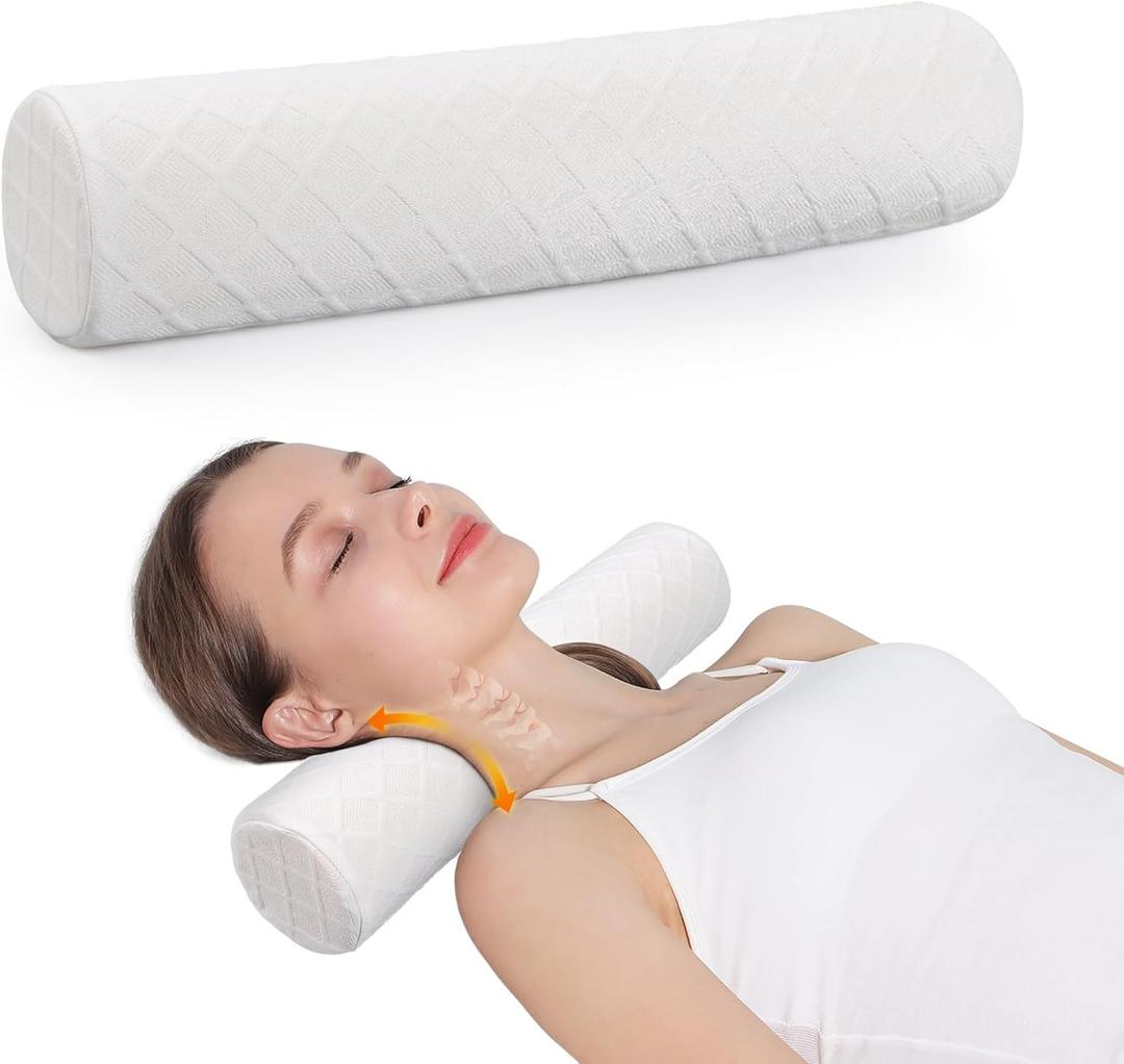 Cozyhealth Small Cervical Roll Pillow Memory Foam Neck Round Pillow, Cylinder Bolster Pillow for Sleeping, Round Neck Support Pillow for Head, Neck, Back, Legs and Yoga (White, Medium - 3.9" H)