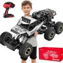 Jiakora RC Cars, Remote Control Monster Truck - Rock Crawler RC Truck with 2 Rechargeable Batteries, Metal Body, Large Size & LED Headlights, Boy Toys for Kids Ages 4-7 8-12 Birthday Gifts, Silver
