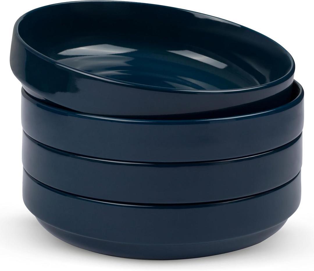 KooK Ceramic Large Pasta Bowls, Microwave and Dishwasher Safe, Great for Soups and Salads, Shallow Serving Bowls, Glossy Porcelain, 47 oz, Set of 4, Navy Blue
