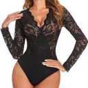 Avidlove Lace Bodysuit for Women Sexy Long Sleeve V Neck Body Suits Going Out Tops Snap Crotch One Piece Teddy Lingerie (Medium, Black)