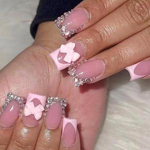 French Tip Press on Nails Short Square Fake Nails with 3D Bow Rhinestones Desings Glitter Sequins Glue on Nails Pink Full Cover Glossy Artificial Stick on Nails for Women 24 Pcs