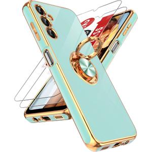 LeYi for Samsung Galaxy A14 5G Case with [2 Pack] Tempered Glass Screen Protector 360 Rotatable Ring Holder Magnetic Kickstand, Plating Rose Gold Edge Protective Case, Mint