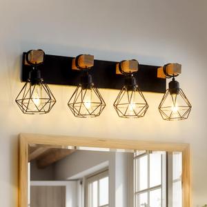 Farmhouse Vanity Light for Bathroom, 4-Light Bathroom Vanity Light Fixtures, with Cage Metal Lampshade for Mirror