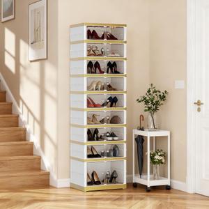 Foldable Shoe Rack Organizer Folding Shoe Boxes, 9 Tier 18 Pairs Storage Shoe Cabinet Collapsible Shoe Rack with Magnetic Clear Door Easy Assembly Shoe Cabinet with Wheels, White Gold