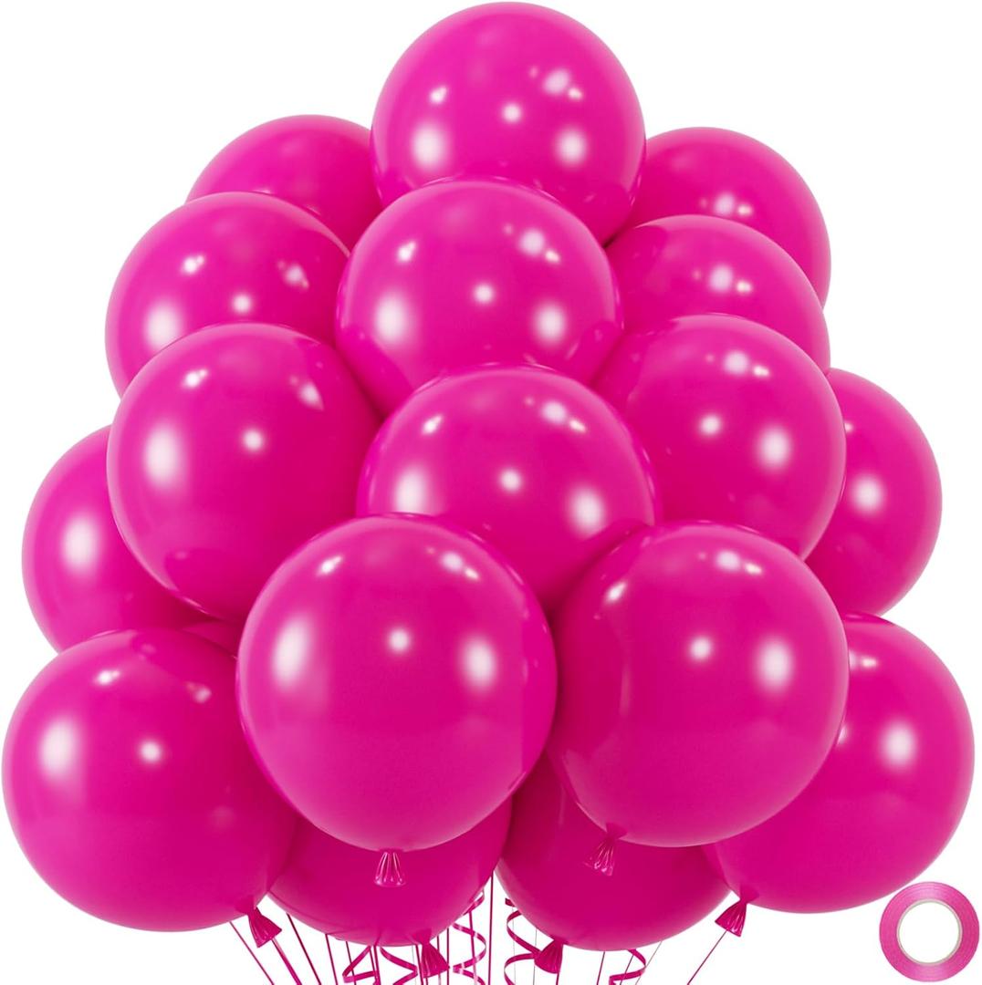 50pcs Hot Pink Balloons, Helium Quality 12inch Bright Pink Latex Balloons for Wedding Anniversary Valentines Tropical Party Decorations(With Ribbon & Glues)