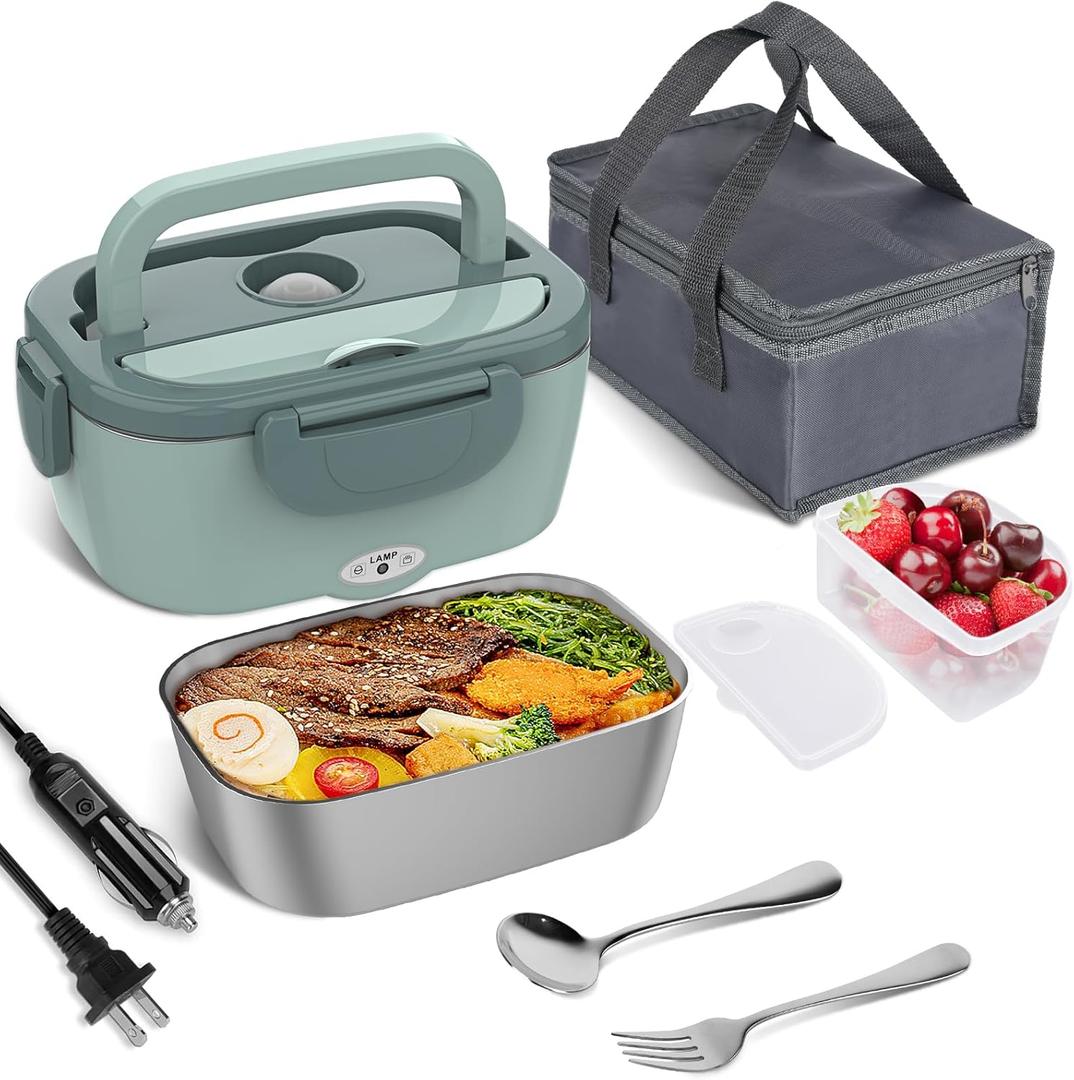 Vabaso Electric Lunch Box for Adults, 80W Heated Lunch Box Portable Food Warmer Lunch Box for Work/Men/Car/Truck with 1.5L 304 Stainless Steel Container Fork & Spoon, 110V/12V/24V (Pea Green)