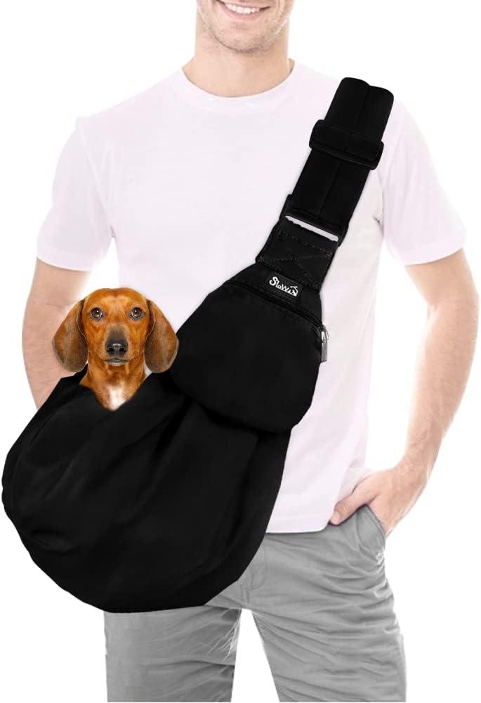 SlowTon Dog Carrier Sling - Thick Padded Shoulder Strap Adjustable Dog Carriers for Small Dogs, Puppy Carrier Purse for Pet Cat with Front Zipper Pocket Safety Belt Machine Washable Waterproof Black Large