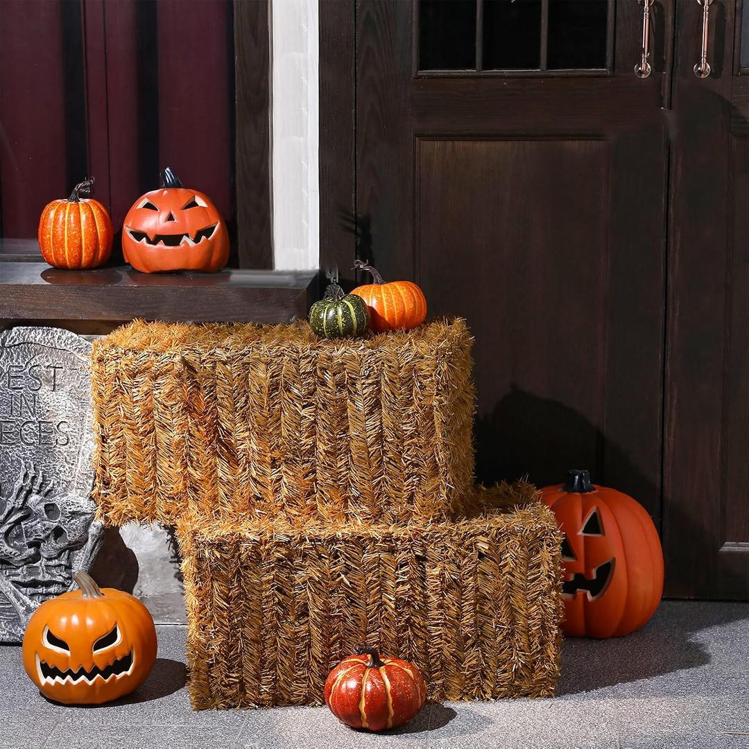 Suzile 2 Pcs Halloween Decorative Straw Bale, 24 x 12 x 12 Inches Foldable Hay Bales Decoration, Easy to Handle Reusable Fake Hay Stacks Waterproof for Indoor Outdoor Halloween Parties Photo Props