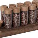 Single Dose Coffee Bean Storage Tubes Coffee Storage Container with One-Way Exhaust Valve,Coffee Bean Cellar 10 Pcs Dosing Glass Vials (2 Oz) Walnut Wood Stand Funnel And Lids (Brown)