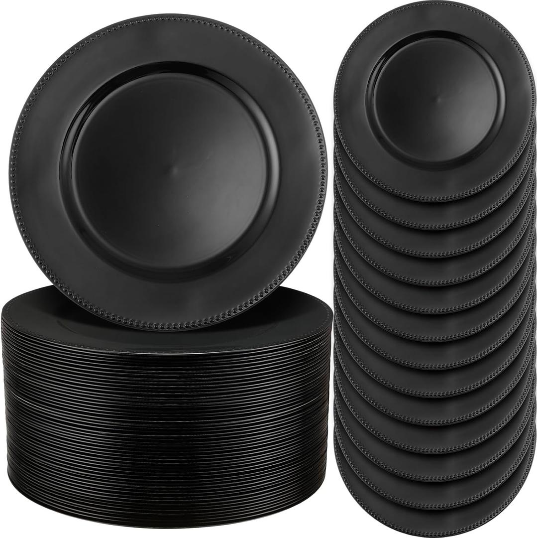 Jinei 100Pcs Painted Charger Plates with Beads, 13 Light Luxury Round Vintage Plates Table Decoration Reusable Dinner Charger for Dining Table Wedding(Black)