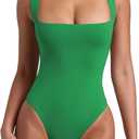 REORIA Butsmooth Womens Sexy Sleeveless Square Neck Double Lined Basic Bodysuit Tank Tops (Small, Green)