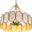 Wellmet Gold Drum Chandelier Coastal, Natural Capiz Shell Chandeliers for Living Room, Round Boho Lighting Fixture Ceiling Hanging for Dining Room, Bedroom, Kitchen Island, Foyer