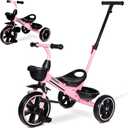KRIDDO 2-in-1 Toddler Tricycle for Ages 18 Months to 5 Years Old - Extended Push Handle for Effortless Push, Gift Trike for Toddler 3 to 5 Year, Kids Tricycle with Foldable Front Footrest, Pink