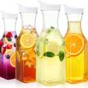 4 Pack Plastic Carafe with Lids, 1 Liter Large Mimosa Bar Juice Drink Containers Clear Beverage Square Base Bottle for Fridge, Water, Milk, Iced Tea, Hand Wash