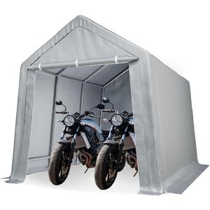 10'x15' Heavy Duty Carport Canopy, Metal Frame Portable Outdoor Storage Shed with Waterproof PE Cover & Roll-Up Zipper Door, for Motorcycle, Bike, Tools, Firewood, Driveway or Backyard, Grey