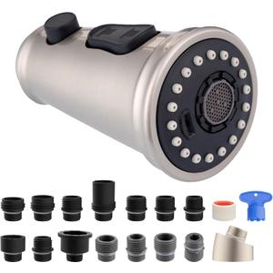 Hibbent Pull Down Kitchen Faucet Head Replacement, 3-Function Sink Sprayer Head Nozzle with 15 Adapters, Compatible with Moen, American Standard, Delta, Kohler Faucets-Brushed Nickel