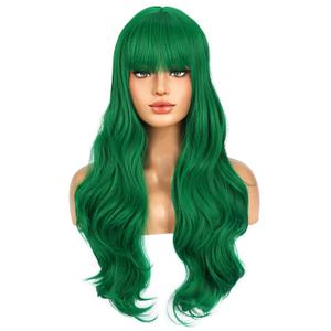 BERON Emerald Green Wig with Bangs Long Wavy Green Wigs for Daily Party with Wig Cap