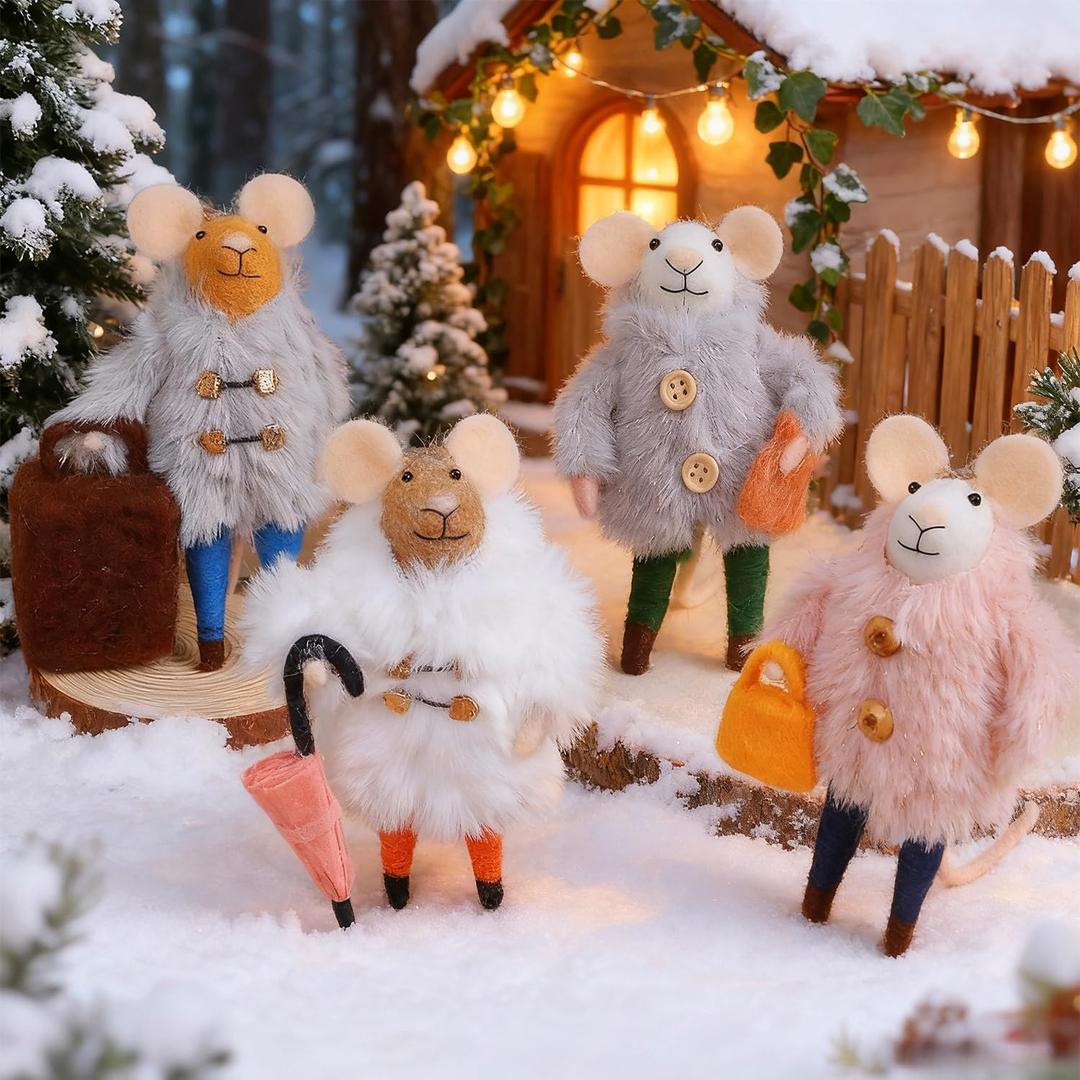 Set of 4 Christmas Felt Mouse Ornaments, 5" Mini Fashionable Mice for Christmas Tree Wreath Hanging, Wool Xmas Tabletop Decor, Animal Crafts for Holiday Easter Gifts Party Supply