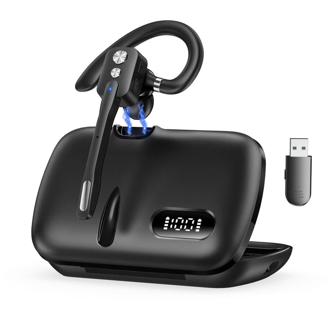 Bluetooth Headset, Wireless Bluetooth Earpiece with Dual-Mic & Noise Canceling, Single Ear Headset with Mute for Business, Remote Work, V5.3 Hand-Free headset for iOS Android Cell Phone (Black)