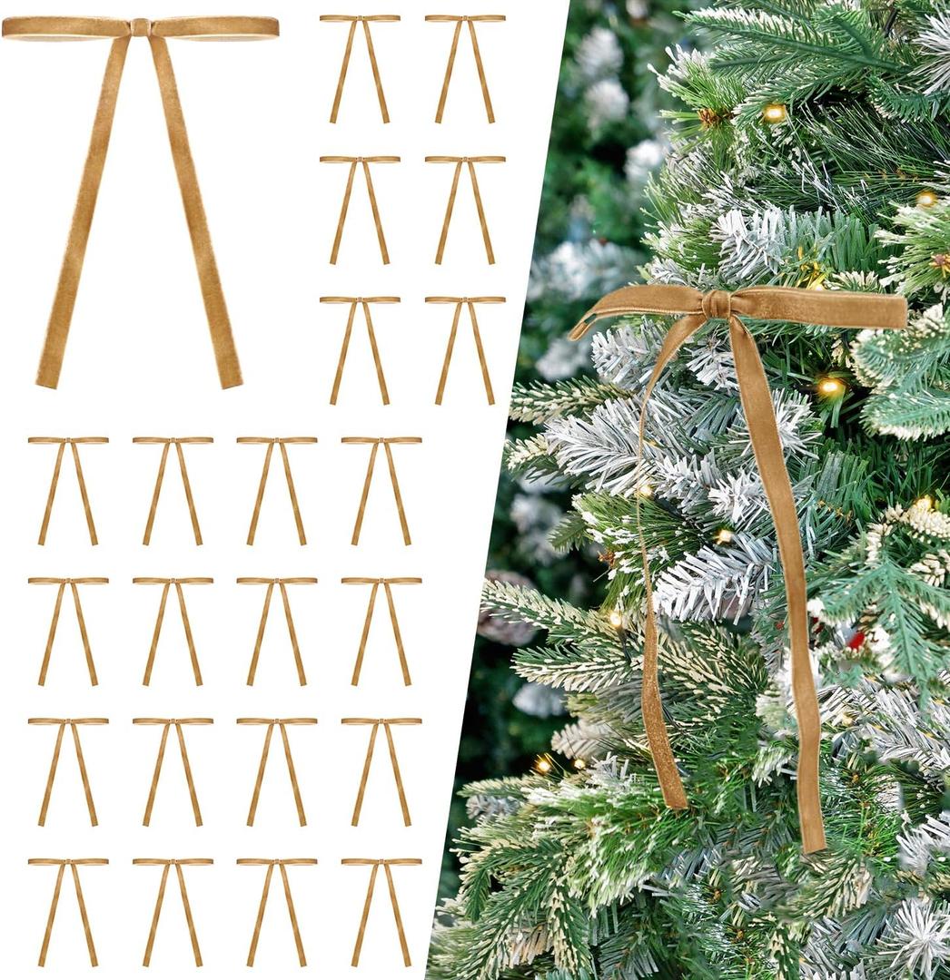 Set of 24 Khaki Brown Velvet Bows Ornaments for Christmas Tree, Vintage Velvet Christmas Bows Tree Decorations, Indoor Home Decor for Wreath Mantle Gift Wrap Holiday Decor, 3/8'' W, 5 * 7 inch