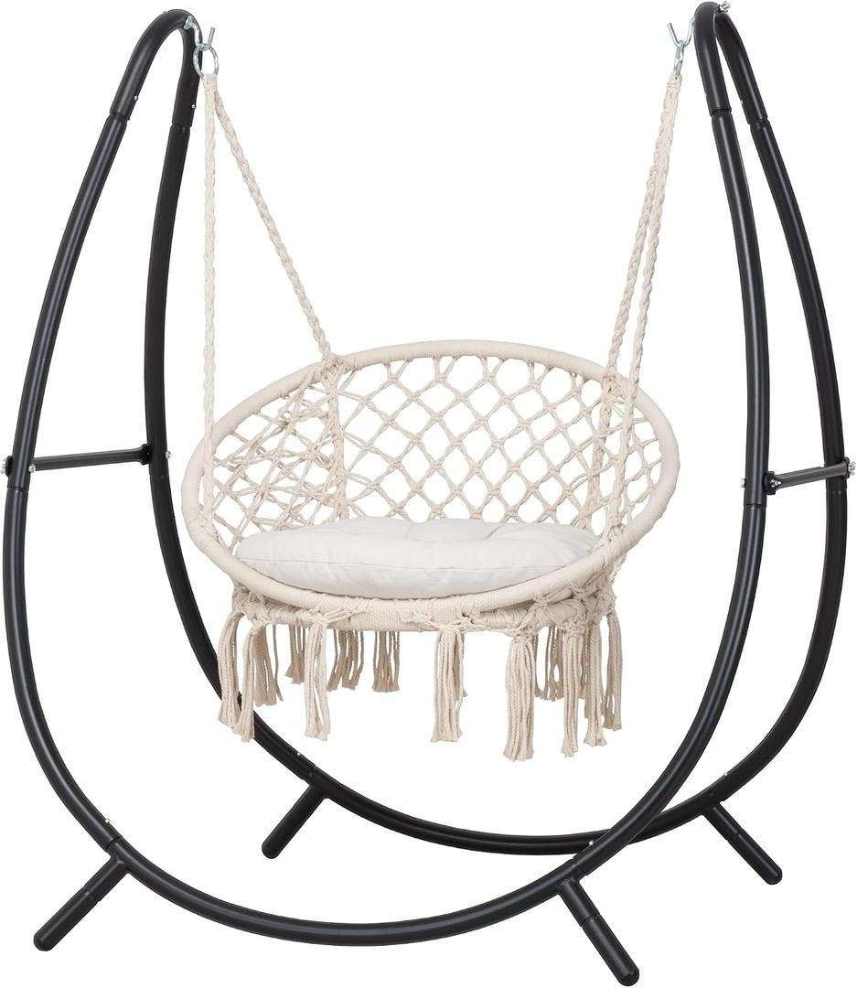 ANOW Macrame Hammock Chair with Stand for Outside, Heavy Duty Hanging Chair Stand with Swing Chair, Includes Seat Cushion, Max 400 Lbs, Natural