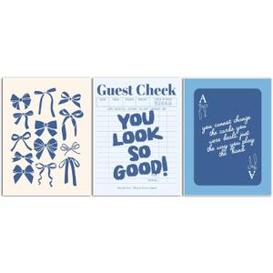 Blue Preppy Wall Art Set of 3 Trendy Navy Bow Posters Retro Guest Check Canvas Prints Poker Painting Minimalist Positive Quote Picture Decor Aesthetic for Living Room Dorm Apartment 12x16in Unframed