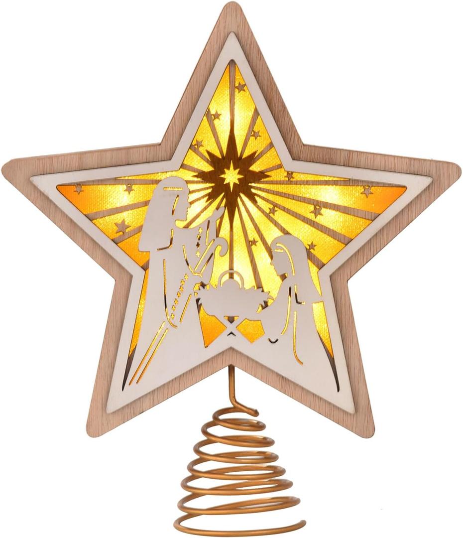 Christmas Star Tree Topper, Wooden 3D Star Glittered Hollow Plug-in Christmas Tree Topper Decoration with LED Light & 6-Hour Timer Function for Indoor Office Holiday Xmas 7.87" x 8.86" (White)